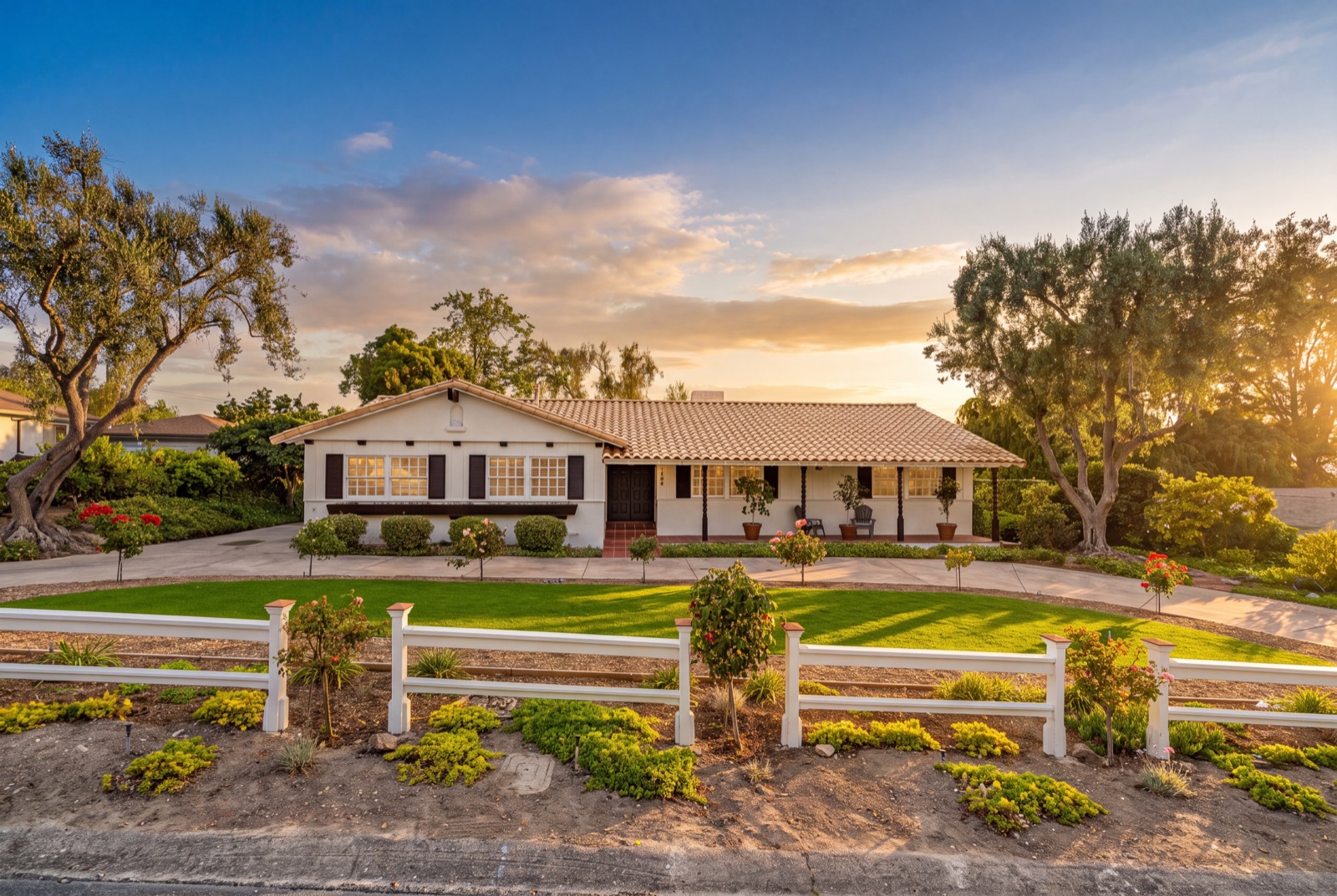 The same ranch home with the Amber Hour twilight preset